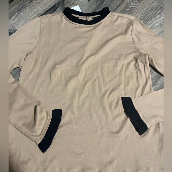 Ann Taylor Tops - Ann Taylor Beige Top with Black Ruffle Neckline- timeless classic